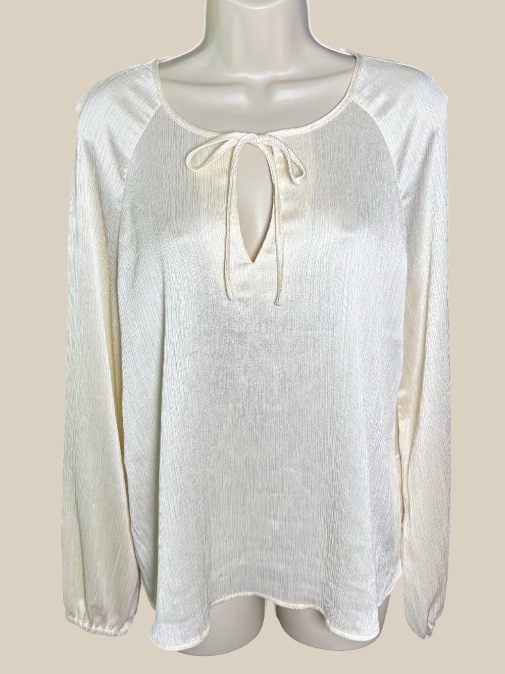 Calvin Klein Satin Blouse Cream Tie Neck Crinkle Peasant Top Long Sleeve M NWT